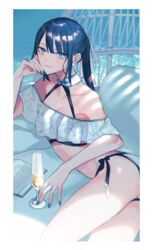  aqua_nails bare_shoulders bikini blue_eyes blue_hair book border breasts champagne_flute closed_mouth commentary couch cup drinking_glass earrings fate/grand_order fate_(series) female hair_ribbon halterneck hand_on_own_cheek hand_on_own_face jewelry jing_ke_(fate) jing_ke_(water_shine)_(fate) katagiri_(mighty_swing) light_smile long_hair looking_at_viewer lying off-shoulder_bikini off_shoulder on_couch on_side ponytail ribbon side-tie_bikini_bottom signature small_breasts solo swimsuit thighs twisted_torso white_bikini white_border white_ribbon 