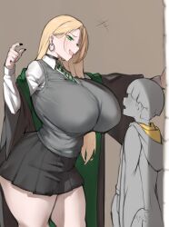  1boy age_difference assertive_female aster_crowley black_choker black_nails blonde_hair blush breasts bulge chest_height choker collared_shirt cowboy_shot curvy earrings erection erection_under_clothes female genderswap_(mtf) gigantic_breasts green_eyes green_robe grey_sweater_vest harry_potter_(series) height_difference highres hogwarts_school_uniform hoop_earrings huge_breasts jewelry kabedon long_hair long_sleeves malfoid necktie oerba_yun_fang onee-shota open_mouth pleated_skirt robe rule_63 school_uniform shirt short_hair size_difference skin_fang skirt smile standing straight sweater_vest tall_female taller_female_shorter_male thick_thighs thighs two-tone_robe white_shirt wizarding_world 