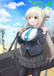  absurdres black_jacket black_pantyhose black_skirt blue_archive blue_necktie blush breasts brown_hair bursting_breasts commentary_request drawing_rak embarrassed female flying_button green_eyes green_halo hair_between_eyes hair_rings halo highres jacket large_breasts long_hair looking_at_viewer necktie nonomi_(blue_archive) open_mouth pantyhose plaid_clothes plaid_skirt popped_button school_uniform shirt sidelocks single_hair_ring skirt solo surprised waving white_shirt 