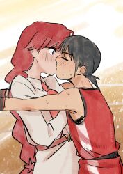  2girls after_exercise basketball_uniform belt black_hair blue_eyes blush braid brown_background closed_eyes collared_dress commentary cowboy_shot dress english_commentary from_side highres imceileen kissing lara_(sayonara_lara) long_hair long_sleeves multiple_girls neckerchief ootsu_mari pink_belt pink_neckerchief profile red_hair red_shirt sayonara_lara shirt short_hair single_braid sleeveless sleeveless_shirt sportswear standing surprise_kiss surprised sweat very_long_hair white_dress yuri 