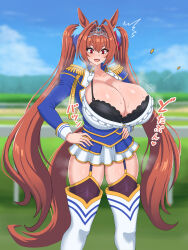 absurdres alternate_breast_size_(larger) animal_ears black_bra blurry blurry_background blush bra breasts center_frills cleavage collarbone collared_shirt commentary_request cowboy_shot daiwa_scarlet_(peak_blue)_(umamusume) daiwa_scarlet_(umamusume) epaulettes female flying_button frills garter_straps gigantic_breasts hair_intakes heavy_breathing highres horse_ears horse_girl horse_tail juliet_sleeves long_hair long_sleeves looking_down mekakonbuzime miniskirt oerba_yun_fang open_mouth puffy_sleeves red_eyes see-through_clothes see-through_shirt shirt skindentation skirt smile solo steaming_body surprised sweat sweaty_breasts sweaty_clothes tail thighhighs tiara twintails umamusume underwear very_long_hair wardrobe_malfunction wet wet_clothes wet_shirt 
