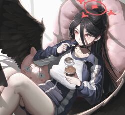  absurdres black_hair black_wings blue_archive blue_jacket blue_shorts breasts chojja closed_mouth feathered_wings female food food_in_mouth hair_between_eyes hasumi_(blue_archive) hasumi_(track)_(blue_archive) highres holding holding_food holding_spoon jacket large_breasts long_bangs long_hair official_alternate_costume official_alternate_hairstyle ponytail red_eyes shirt shorts sidelocks solo spoon white_shirt wings 
