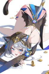  animal_ear_fluff animal_ears backless_outfit black_gloves blue_eyes cat_ears cat_girl cat_tail cipher_(honkai:_star_rail) coin dawon female fingerless_gloves gloves gold_coin grey_hair highres honkai:_star_rail honkai_(series) hood hood_up looking_at_viewer nail_polish oerba_yun_fang open_mouth solo tail tail_through_clothes top-down_bottom-up yellow_nails 
