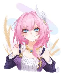  bare_shoulders blue_eyes blush commentary_request cyrene_(honkai:_star_rail) dress female hair_intakes hair_ornament highres honkai:_star_rail honkai_(series) jewelry long_hair looking_at_viewer necklace off-shoulder_dress off_shoulder otamasan pink_hair pink_pupils smile solo upper_body white_background 