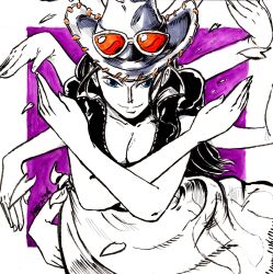  absurdres blue_eyes breasts cleavage closed_mouth commentary cowboy_hat devil_fruit_power english_commentary extra_arms female hat highres long_hair looking_at_viewer maeca_art nico_robin one_piece orange-tinted_eyewear purple_background sarong short_sleeves sidelocks smile solo tinted_eyewear 
