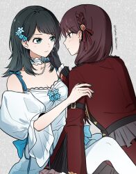  2girls bang_dream! bang_dream!_it&#039;s_mygo!!!!! black_hair blue_eyes blue_flower blue_nails blush breasts brown_hair chinese_commentary cleavage closed_mouth coat collarbone commentary_request dress flower hair_flower hair_ornament hand_on_another&#039;s_arm hand_on_another&#039;s_face highres jewelry long_hair long_sleeves multiple_girls necklace pantyhose purple_eyes rankaku red_coat shiina_taki smile twitter_username white_dress white_pantyhose yahata_umiri yuri 