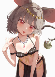  absurdres animal_ears black_bra bra breasts closed_mouth commentary_request commission dancer female highres leaning_forward looking_at_viewer mouse_ears mouse_girl mouse_tail navel nazrin pelvic_curtain ramuneru red_eyes short_hair simple_background skeb_commission small_breasts tail tongue tongue_out touhou underwear white_background 