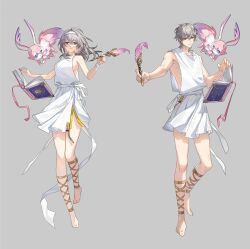  1boy absurdres alternate_costume barefoot book breasts caelus_(honkai:_star_rail) closed_mouth commentary_request dual_persona female floating floating_object full_body greco-roman_clothes grey_background grey_hair hairband highres holding holding_quill honkai:_star_rail honkai_(series) light_smile little_modao long_hair looking_at_viewer medium_breasts mem_(honkai:_star_rail) open_book parted_lips quill short_hair sideboob simple_background stelle_(honkai:_star_rail) toes trailblazer_(honkai:_star_rail) tunic white_hairband white_tunic yellow_eyes 