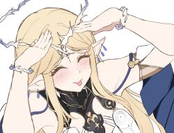  :p ah_eto..._bleh_(meme) bare_shoulders black_collar blonde_hair cartethyia_(wuthering_waves) closed_eyes collar commentary crown_of_thorns earrings english_commentary facing_ahead female hands_on_own_head highres jewelry long_hair meme necklace parted_bangs pointy_ears portrait reia_76 sidelocks simple_background solo tacet_mark_(wuthering_waves) tongue tongue_out white_background wuthering_waves 