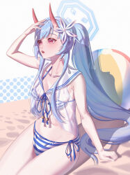  absurdres bare_arms bikini blue_archive blue_bikini chise_(blue_archive) chise_(swimsuit)_(blue_archive) chojja demon_girl demon_horns female hair_ornament highres horns long_hair looking_up official_alternate_costume official_alternate_hairstyle open_mouth ponytail red_eyes see-through_clothes see-through_shirt shirt solo striped_bikini striped_clothes swimsuit teeth upper_teeth_only white_shirt 