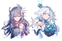  2girls blue_dress blue_eyes blue_hair breasts brown_hair cerydra_(honkai:_star_rail) chess_piece cleavage closed_mouth commentary cropped_torso crown dress earrings gloves hair_intakes hair_ornament head_rest highres holding holding_chess_piece honkai:_star_rail honkai_(series) hysilens_(honkai:_star_rail) jewelry king_(chess) long_hair looking_at_viewer medium_breasts mini_crown multiple_girls parted_lips red_gloves simple_background sparks_summer white_background 