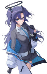  absurdres black_gloves black_shirt black_skirt blue_archive blue_eyes blue_necktie closed_mouth collared_shirt female gani1127 gloves hair_between_eyes halo highres jacket long_hair long_sleeves looking_at_viewer mechanical_halo necktie open_clothes open_jacket pleated_skirt purple_hair shirt short_twintails simple_background skirt solo twintails white_background white_jacket white_shirt yuuka_(blue_archive) 