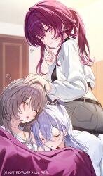  3girls absurdres alternate_costume black_ribbon black_shirt closed_eyes closed_mouth commentary_request crop_top drooling finger_to_mouth grey_hair grey_pants hair_between_eyes hair_ribbon headpat highres honkai:_star_rail honkai_(series) imasaki_kei indoors jacket kafka_(honkai:_star_rail) light_blush long_hair looking_at_viewer multiple_girls nail_polish open_mouth pants pink_nails purple_eyes purple_hair ribbon shirt shushing silver_wolf_(honkai:_star_rail) sitting sleeping smile stelle_(honkai:_star_rail) trailblazer_(honkai:_star_rail) twitter_username under_covers white_jacket zzz 