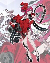  baobhan_sith_(fate) baobhan_sith_(fgo_fes._2025)_(fate) bare_shoulders breasts cleavage commentary_request dress earrings fate/grand_order fate_(series) female flower full_body grey_eyes jewelry large_breasts long_hair looking_at_viewer mochizuki_kei open_mouth pink_hair platform_heels pointy_ears red_dress rose sidelocks smile solo 