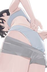  black_hair bra breasts commentary female from_below grey_shorts highres hiroki_(yyqw7151) looking_at_viewer original panties short_shorts shorts simple_background small_breasts solo underwear undressing white_background white_bra white_panties 