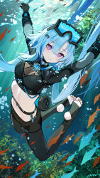  absurdres ai_dongdong alternate_costume arms_up blue_hair closed_mouth female goggles goggles_on_head griseo hair_between_eyes highres honkai_(series) honkai_impact_3rd leggings long_hair long_sleeves looking_at_viewer navel purple_eyes smile solo stirrup_legwear stomach toeless_legwear toes underwater water 
