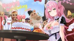  :t animal animal_ears apron black_dress bow breasts cake cat_ears cleavage collared_dress dress extra_ears feline female food frilled_dress frills gamtori_(vtuber) green_eyes hair_bun happy_birthday hashtag-only_commentary highres indie_virtual_youtuber large_breasts long_hair looking_at_viewer maid maid_apron maid_headdress meettheton pink_bow pink_hair short_sleeves solo two_side_up virtual_youtuber wrist_cuffs 