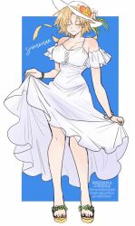  abe_riko armlet bare_shoulders blonde_hair blue_background breasts cleavage clothes_lift daybit_sem_void dress dress_lift english_text fate/grand_order fate_(series) flower flower_wreath frilled_sleeves frills full_body genderswap_(mtf) hat hat_flower jewelry off-shoulder_dress off_shoulder rule_63 sandals short_hair spaghetti_strap sun_hat sundress white_hat 