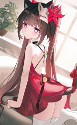  absurdres alternate_costume animal_ear_fluff animal_ears bell black_hair butterfly-shaped_pupils cat_ears cat_girl cat_tail dress female fox_mask from_side highres honkai:_star_rail honkai_(series) indoors jingle_bell kemonomimi_mode long_hair looking_at_viewer looking_to_the_side mask mask_on_head pink_eyes red_dress smile solo sparkle_(honkai:_star_rail) symbol-shaped_pupils tail thighhighs twintails usagi_(786113654) white_thighhighs 