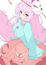  absurdres blue_shirt bow bowtie breasts bubble_skirt closed_mouth female fox_mask hata_no_kokoro highres large_breasts long_hair long_sleeves mask mask_on_head orange_skirt pink_eyes pink_hair shirt simple_background skirt solo string touhou unanooo_(fthx7532) very_long_hair white_background white_bow white_bowtie 