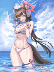  absurdres animal_ears bare_arms bare_shoulders bikini blue_archive breasts chojja cleavage female flower fox_ears fox_girl fox_tail hair_flower hair_ornament highres large_breasts long_hair looking_at_viewer navel ocean official_alternate_costume official_alternate_hairstyle ponytail purple_bikini purple_flower sidelocks solo swimsuit tail wakamo_(blue_archive) wakamo_(swimsuit)_(blue_archive) 