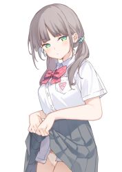  blunt_bangs blush bow breasts brown_hair closed_mouth clothes_lift collared_shirt female green_eyes grey_hair grey_skirt hair_ornament highres long_hair looking_at_viewer maigoyaki medium_breasts original panties pleated_skirt red_bow school_uniform shirt short_hair simple_background skirt skirt_lift solo underwear white_background white_shirt 