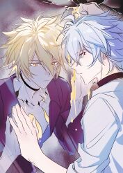  1boy absurdres anchealcjiea antenna_hair black_choker black_shirt blonde_hair blue_eyes chinese_commentary choker commentary_request crack cracked_glass cracked_skin different_reflection dual_persona hand_on_mirror highres honkai:_star_rail honkai_(series) male_focus neck_tattoo open_clothes open_shirt phainon_(honkai:_star_rail) reflection shirt short_hair sleeves_rolled_up solo sun_symbol sun_tattoo tattoo white_hair white_shirt yellow_blood yellow_eyes 