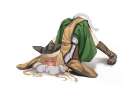  animal_hands black_hat blonde_hair blush boots brown_boots brown_eyes detached_sleeves embarrassed fake_tail female full_body green_skirt hands_on_ground hat jack-o&#039;_challenge knee_boots long_hair matara_okina orange_sleeves orange_tabard shirt skirt solo sweat tabard tail teruteru12 top-down_bottom-up touhou white_background white_shirt white_tail wide_sleeves 