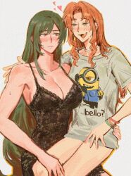  2girls aerith_gainsborough black_hair blush breasts brown_hair character_print closed_mouth despicable_me final_fantasy final_fantasy_vii green_eyes heart jeremr large_breasts long_hair minion_(despicable_me) multiple_girls oerba_yun_fang open_mouth print_shirt red_eyes shirt sitting sitting_on_lap sitting_on_person tifa_lockhart very_long_hair yuri 