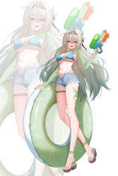  absurdres bikini black_hairband blue_bikini breasts commentary denim denim_shorts female firefly_(honkai:_star_rail) full_body gradient_hair green_hair green_innertube grey_hair hairband highres holding holding_swim_ring holding_water_gun honkai:_star_rail honkai_(series) large_breasts long_hair multicolored_hair sandals shorts smile swim_ring swimsuit themaree thigh_strap toes two-tone_hair unbuttoned water_gun zoom_layer 