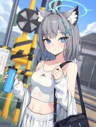  absurdres alternate_costume animal_ear_fluff animal_ears bare_shoulders black_bag blue_archive blue_eyes blue_halo blush breasts closed_mouth commentary_request crop_top cup extra_ears female grey_hair halo highres holding holding_cup holding_tumbler jacket long_hair medium_breasts midriff navel open_clothes open_jacket pants shiroko_(blue_archive) smile solo suumon tank_top white_background white_jacket white_pants white_tank_top wolf_ears wolf_girl 