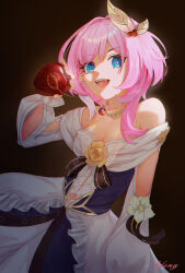  absurdres apple blue_eyes breasts cleavage commentary_request cyrene_(honkai:_star_rail) dress english_commentary female food fruit hair_ornament highres holding holding_food holding_fruit honkai:_star_rail honkai_(series) jewelry li_feng_(user_hvnc4748) medium_breasts mixed-language_commentary necklace open_mouth pink_hair pink_pupils saliva saliva_trail short_hair solo teeth upper_teeth_only white_dress 