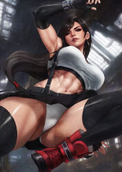  abs absurdres arm_up black_gloves black_hair black_skirt black_thighhighs breasts crop_top earrings female final_fantasy final_fantasy_vii final_fantasy_vii_remake fingerless_gloves from_below gloves highres indoors jewelry large_breasts long_hair low-tied_long_hair midriff miniskirt monori_rogue muscular muscular_female navel panties parted_lips red_eyes red_shoes shoes skirt solo stomach suspender_skirt suspenders thighhighs thighs tifa_lockhart underwear very_long_hair white_panties 