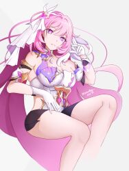  absurdres artist_name black_shorts breasts cleavage commentary corset dated diamond-shaped_pupils diamond_(shape) elysia_(herrscher_of_human:_ego)_(honkai_impact) elysia_(honkai_impact) female gloves highres honkai_(series) honkai_impact_3rd large_breasts long_hair minionboy parted_lips pink_hair purple_eyes short_shorts shorts simple_background solo symbol-shaped_pupils thighs triquetra veil very_long_hair white_background white_corset white_gloves white_veil 