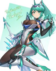  aegis_sword_(xenoblade) armor armored_bodysuit blush breasts chest_jewel cleavage closed_mouth core_crystal_(xenoblade) earrings female gem gloves green_eyes green_hair hair_ornament headpiece highres jewelry large_breasts long_hair looking_at_viewer neon_trim pneuma_(xenoblade) ponytail ryou_(ponpgo) solo swept_bangs tiara very_long_hair xenoblade_chronicles_(series) xenoblade_chronicles_2 