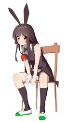  alternate_costume animal_ears armband bare_arms black_hair black_shorts black_socks black_vest bow bowtie collared_shirt expressionless fake_animal_ears female green_bow green_bowtie invisible_floor keibi_inu kneehighs knees leaning_forward light_blush long_hair matsumoto_rise nontraditional_playboy_bunny on_chair rabbit_ears red_armband red_eyes shirt shoes shorts simple_background sitting sleeveless sleeveless_shirt socks solo tareme uwabaki v_arms vest waistcoat white_background white_shirt wrist_cuffs yuruyuri 