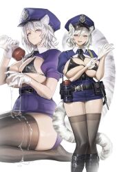  animal_ears black_thighhighs breasts female gloves hat highres large_breasts looking_at_viewer original police police_hat police_uniform policewoman short_hair smile solo tail thighhighs veksoo white_gloves white_hair 