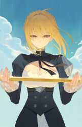  absurdres artoria_pendragon_(fate) blonde_hair blue_dress blue_sky braid braided_bun breasts cleavage closed_mouth dress fate/stay_night fate_(series) female green_eyes hair_bun highres holding honkai:_star_rail honkai_(series) large_breasts oro_(lsg0624) outdoors saber_(fate) saber_(honkai:_star_rail)_(fate) sky solo 