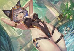  absurdres adapted_costume animal_ears animal_hood armpits arms_behind_head bathhouse belt black_one-piece_swimsuit blue_eyes breasts cat_ears cat_hood cipher_(honkai:_star_rail) cleavage clothing_cutout commentary commission english_commentary female grey_hair highres honkai:_star_rail honkai_(series) hood large_breasts navel navel_cutout oerba_yun_fang one-piece_swimsuit open_mouth pool presenting_armpit short_hair solo stone_pillar swimsuit thigh_belt thigh_strap thighs trustyskittles 