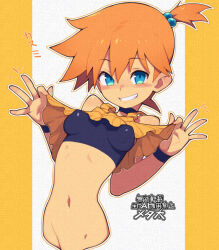  adversarial_noise blue_choker blue_eyes blue_sports_bra breasts choker clothes_lift commentary_request crop_top cropped_torso female grin hair_between_eyes hair_bobbles hair_ornament kasumi_(pokemon) lifting_own_clothes looking_at_viewer metata navel orange_hair pokemon pokemon_(anime) pokemon_(classic_anime) shirt shirt_lift short_hair side_ponytail smile solo sports_bra stomach yellow_shirt 
