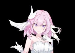  bare_shoulders black_background breasts cleavage commentary_request corset elysia_(herrscher_of_human:_ego)_(honkai_impact) elysia_(honkai_impact) english_commentary female gloves hair_propeller highres honkai_(series) honkai_impact_3rd large_breasts mixed-language_commentary newroute_ir pink_hair purple_eyes short_hair simple_background solo upper_body white_corset white_gloves 