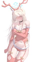  absurdres alternate_costume animal_costume animal_ear_fluff animal_ears antlers bell black_choker blonde_hair blue_archive blue_eyes blush bow chojja choker closed_mouth dog_ears dog_girl elbow_gloves embarrassed extra_ears fake_antlers female gloves hair_over_one_eye hairband highres horns jingle_bell kanna_(blue_archive) long_hair panties red_garter_straps red_gloves red_hairband red_panties red_shirt red_thighhighs reindeer_antlers reindeer_costume shirt sidelocks sleeveless sleeveless_shirt solo thighhighs underwear yellow_bow 
