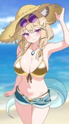  absurdres alternate_costume animal_ear_fluff animal_ears arknights arm_at_side arm_up armpit_crease armpits ass_visible_through_thighs bare_arms bare_shoulders beach bikini blue_sky blue_tail blurry blurry_background blush braid breasts cleavage cloud cloudy_sky collarbone commentary_request cowboy_shot day denim denim_shorts eggplant7217 eyewear_on_head female front-tie_bikini_top front-tie_top gem gold_bikini groin hair_ornament halterneck hand_on_headwear hand_on_own_hat hat head_tilt highres horizon huge_breasts jewelry legs_together light_blush light_smile looking_at_viewer loose_clothes lowleg lowleg_bikini lowleg_shorts micro_shorts navel necklace ocean oerba_yun_fang open_fly outdoors pocket purple-tinted_eyewear purple_eyes sand shadow shiny_clothes short_shorts shorts shorts_rolled_up skin_fang sky solo spaghetti_strap stomach straw_hat string_bikini sunglasses sunlight swimsuit tail thigh_gap thighs tinted_eyewear twin_braids unbuttoned utage_(arknights) utage_(summer_flowers)_(arknights) water x_hair_ornament 