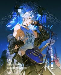  2boys bare_shoulders black_gloves black_jacket black_pants blue_eyes blue_hair commentary cowboy_shot electric_guitar fingerless_gloves gloves guitar highres holding holding_guitar holding_instrument holding_microphone honkai:_star_rail honkai_(series) instrument jacket long_sleeves looking_at_viewer male_focus microphone microphone_stand multiple_boys mydei_(honkai:_star_rail) nong_345 open_clothes open_jacket open_mouth pants phainon_(honkai:_star_rail) short_hair smile solo_focus speaker stage stage_lights symbol-only_commentary tank_top watermark white_tank_top 