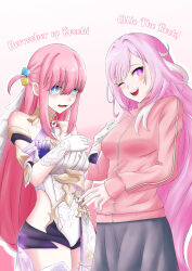  2girls ;o absurdres bare_shoulders black_shorts black_skirt blue_eyes bocchi_the_rock! breasts color_connection commentary corset cosplay costume_switch cube_hair_ornament deknook diamond-shaped_pupils diamond_(shape) elysia_(herrscher_of_human:_ego)_(honkai_impact) elysia_(honkai_impact) elysia_(honkai_impact)_(cosplay) english_text female gotoh_hitori gotoh_hitori_(cosplay) gradient_background hair_color_connection hair_ornament highres honkai_(series) honkai_impact_3rd jacket large_breasts long_hair micro_shorts multiple_girls one_eye_closed pink_hair pink_jacket purple_eyes shorts side_ahoge skirt symbol-shaped_pupils thighs triquetra very_long_hair white_corset 