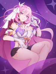  absurdres artist_name black_shorts breasts cleavage commentary corset dated diamond-shaped_pupils diamond_(shape) elysia_(herrscher_of_human:_ego)_(honkai_impact) elysia_(honkai_impact) female gloves highres honkai_(series) honkai_impact_3rd large_breasts long_hair minionboy parted_lips pink_hair purple_eyes short_shorts shorts sky solo star_(sky) starry_sky symbol-shaped_pupils thighs triquetra veil very_long_hair white_corset white_gloves white_veil 