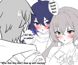  1boy 2girls ahoge blue_eyes blue_hair blush breasts bronya_rand caelus_(honkai:_star_rail) cleavage colored_inner_hair commentary crossed_bangs double-parted_bangs earrings english_commentary english_text facing_away facing_viewer grey_eyes grey_hair hair_between_eyes hand_on_another&#039;s_shoulder honkai:_star_rail honkai_(series) jewelry kulojawa long_bangs long_hair looking_at_another multicolored_hair multiple_girls open_mouth partially_colored pendant_earring purple_hair seele_(honkai:_star_rail) speech_bubble straight talking trailblazer_(honkai:_star_rail) two-tone_hair 