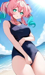  alternate_costume aqua_eyes aqua_hair arm_under_breasts bare_shoulders beach blue_one-piece_swimsuit blue_sky breasts cloud commentary_request contemporary covered_navel cowboy_shot drill_hair female hair_ornament hair_scrunchie highres honkai:_star_rail honkai_(series) hyacine_(honkai:_star_rail) long_hair looking_at_viewer medium_breasts mountainous_horizon multicolored_hair nyarumi ocean one-piece_swimsuit open_mouth outdoors pink_hair school_swimsuit scrunchie sky solo star_(symbol) star_in_eye sunlight swimsuit symbol_in_eye twin_drills twintails two-tone_hair water white_scrunchie 