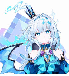  absurdres bare_shoulders blue_eyes blue_hair bright_pupils cerydra_(honkai:_star_rail) commentary_request crown female highres honkai:_star_rail honkai_(series) long_hair looking_at_viewer mini_crown nirako_mona partial_commentary solo upper_body white_background white_pupils wings 
