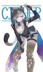 absurdres animal_ear_fluff animal_ears animal_hood belt black_gloves black_leotard blue_eyes boots breasts cat_ears cat_girl cat_hood cat_tail character_name cipher_(honkai:_star_rail) cleavage coin commentary female fingerless_gloves gloves gold_boots gold_coin grey_hair highres holding holding_coin honey_boba honkai:_star_rail honkai_(series) hood large_breasts leotard mole mole_on_breast one_eye_closed parted_lips short_hair_with_long_locks simple_background solo tail thigh_belt thigh_strap thighs white_background 